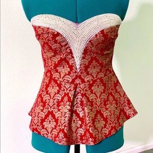 Strapless stretch jacquard Pearl-neck peplum top